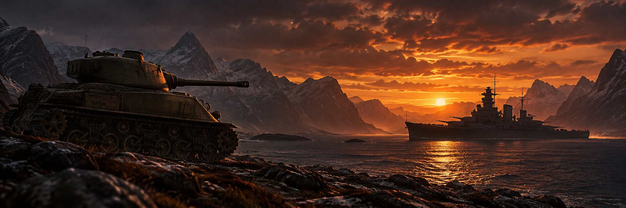 RageQuit: stridsvogn og krigsskip i en norsk fjord ved solnedgang
